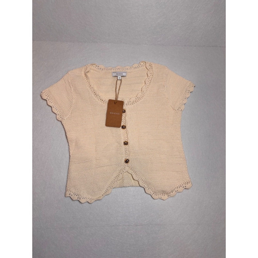 Rihoas Beige U Neck Textured Cardigan, Ivory with Gold Button Embellishment